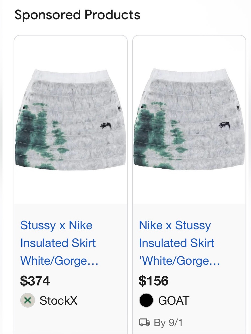 Nike x Stussy White Puffer Mini Skirt with Green Tie-Dye Accent: Size M